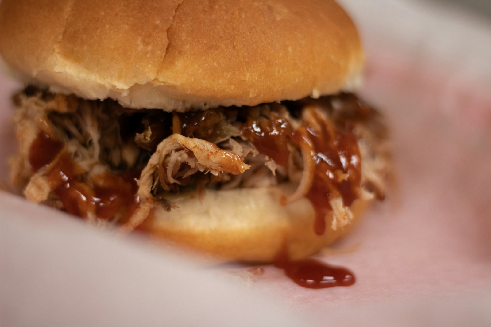 a pulled pork sandwich on a bun with ketchup